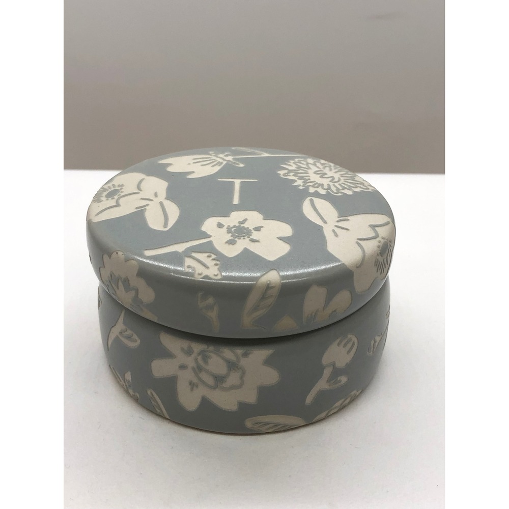Anthropologie Monogram T Floral Ceramic Trinket Box Blue Grey Round Jewelry Dish